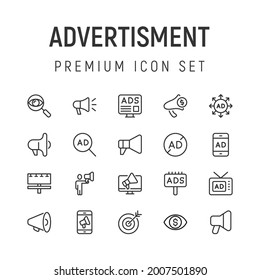 Premium pack of advertisment line icons. Stroke pictograms or objects perfect for web, apps and UI. Set of 20 advertisment outline signs.