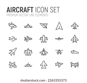 Premium pack of aircraft line icons. Stroke pictograms or objects perfect for web, apps and UI. Set of 20 aircraft outline signs. 