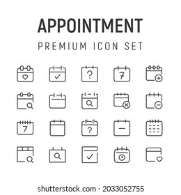Premium pack of appointment line icons. Stroke pictograms or objects perfect for web, apps and UI. Set of 20 appointment outline signs. 