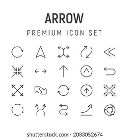 Premium pack of arrow line icons. Stroke pictograms or objects perfect for web, apps and UI. Set of 20 arrow outline signs. 