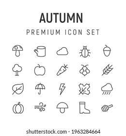 Premium pack of autumn line icons. Stroke pictograms or objects perfect for web, apps and UI. Set of 20 autumn outline signs. 