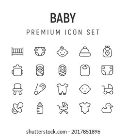 Premium pack of baby line icons. Stroke pictograms or objects perfect for web, apps and UI. Set of 20 baby outline signs. 