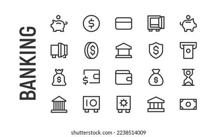 Premium pack of banking line icons. Stroke pixel perfect symbols or objects. Money, cash, piggy bank and other elements