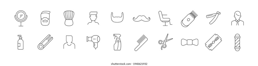 Premium pack of barber line icons. Stroke pictograms or objects perfect for web, apps and UI. Set of 20 barber outline signs. 