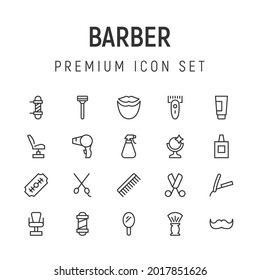 Premium pack of barber line icons. Stroke pictograms or objects perfect for web, apps and UI. Set of 20 barber outline signs.
