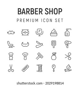 Premium pack of barber shop line icons. Stroke pictograms or objects perfect for web, apps and UI. Set of 20 barber shop outline signs. 