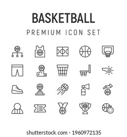 Premium pack of basketball line icons. Stroke pictograms or objects perfect for web, apps and UI. Set of 20 basketball outline signs. 