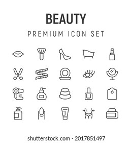 Premium pack of beauty line icons. Stroke pictograms or objects perfect for web, apps and UI. Set of 20 beauty outline signs.