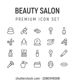 Premium pack of beauty salon line icons. Stroke pictograms or objects perfect for web, apps and UI. Set of 20 beauty salon outline signs. 