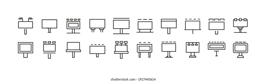 Premium pack of billboard line icons. Stroke pictograms or objects perfect for web, apps and UI. Set of 20 billboard outline signs.  - Shutterstock ID 1927443614