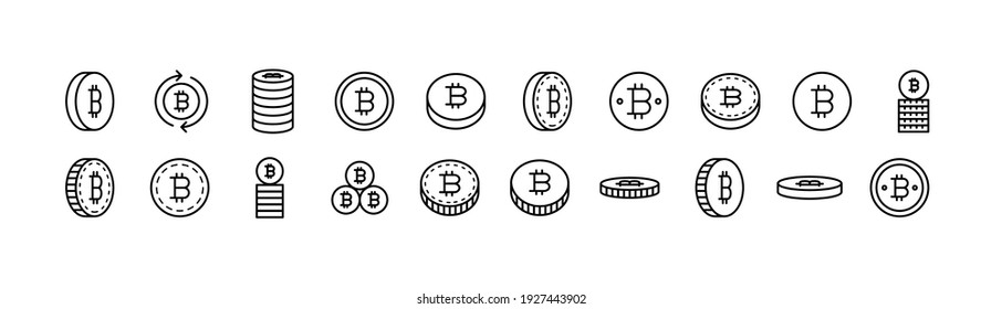 Premium pack of bitcoin line icons. Stroke pictograms or objects perfect for web, apps and UI. Set of 20 bitcoin outline signs. 