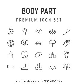 Paquete premium de iconos de la línea de la pieza del cuerpo. Pictogramas de ataque u objetos perfectos para web, aplicaciones e interfaz de usuario. Conjunto de 20 signos de contorno de la parte del cuerpo. 