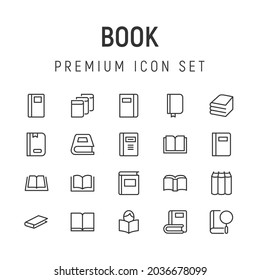Premium pack of book line icons. Stroke pictograms or objects perfect for web, apps and UI. Set of 20 book outline signs. 