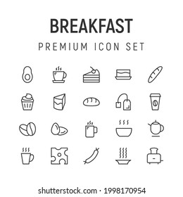 Premium pack of breakfast line icons. Stroke pictograms or objects perfect for web, apps and UI. Set of 20 breakfast outline signs. 