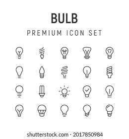 Premium pack of bulb line icons. Stroke pictograms or objects perfect for web, apps and UI. Set of 20 bulb outline signs.