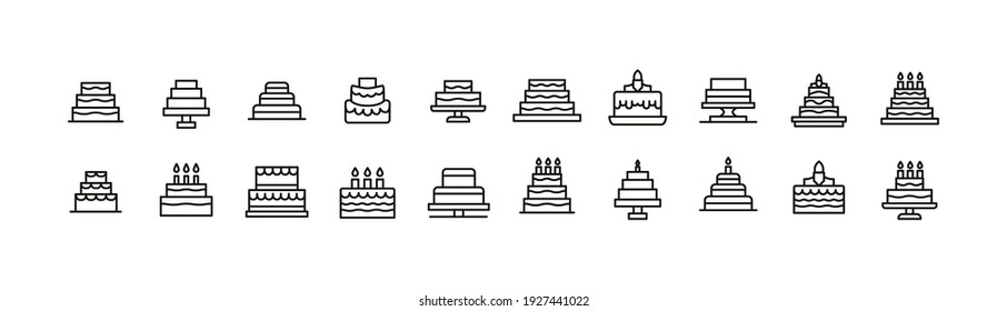 Premium pack of cake line icons. Stroke pictograms or objects perfect for web, apps and UI. Set of 20 cake outline signs. 