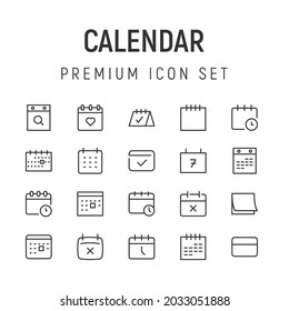 Premium pack of calendar line icons. Stroke pictograms or objects perfect for web, apps and UI. Set of 20 calendar outline signs. 