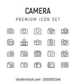 Premium pack of camera line icons. Stroke pictograms or objects perfect for web, apps and UI. Set of 20 camera outline signs. 