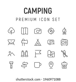 Premium pack of camping line icons. Stroke pictograms or objects perfect for web, apps and UI. Set of 20 camping outline signs. 