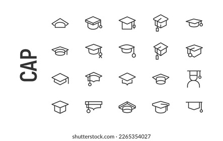 Premium pack of cap line icons. Stroke pictograms or objects perfect for web, apps and UI. Set of 20 cap outline signs.