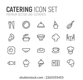 Premium-Paket von Catering-Linie-Symbolen. Schlagt Piktogramme oder Objekte, die perfekt für Web, Apps und UI sind. Set mit 20 Schildern für die Verpflegung. 