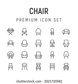 Premium pack of chair line icons. Stroke pictograms or objects perfect for web, apps and UI. Set of 20 chair outline signs. 