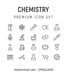 Premium pack of chemistry line icons. Stroke pictograms or objects perfect for web, apps and UI. Set of 20 chemistry outline signs. 