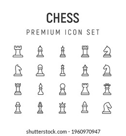 Paquete premium de iconos de la línea de ajedrez. Pictogramas de ataque u objetos perfectos para web, aplicaciones e interfaz de usuario. Conjunto de 20 signos de contorno de ajedrez. 