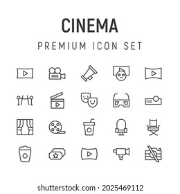 Premium pack of cinema line icons. Stroke pictograms or objects perfect for web, apps and UI. Set of 20 cinema outline signs. 