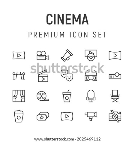 Premium pack of cinema line icons. Stroke pictograms or objects perfect for web, apps and UI. Set of 20 cinema outline signs. 