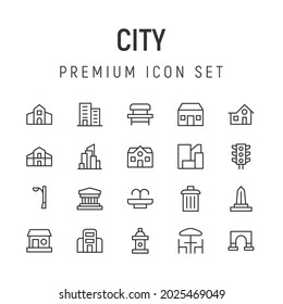 Premium pack of city line icons. Stroke pictograms or objects perfect for web, apps and UI. Set of 20 city outline signs. 