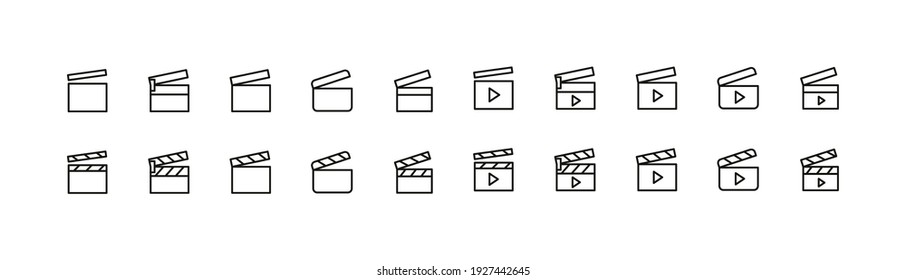 Premium pack of clapperboard line icons. Stroke pictograms or objects perfect for web, apps and UI. Set of 20 clapperboard outline signs. 