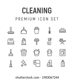 Premium pack of cleaning line icons. Stroke pictograms or objects perfect for web, apps and UI. Set of 20 cleaning outline signs. 