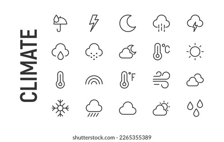 Premium pack of climate line icons. Stroke pictograms or objects perfect for web, apps and UI. Set of 20 climate outline signs. 