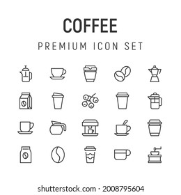 Premium pack of coffee line icons. Stroke pictograms or objects perfect for web, apps and UI. Set of 20 coffee outline signs. 