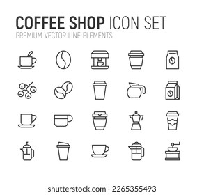 Premium pack of coffee shop line icons. Stroke pictograms or objects perfect for web, apps and UI. Set of 20 coffee shop outline signs. 