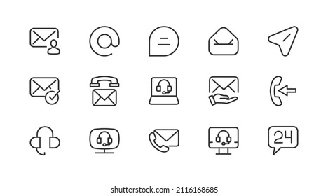 Paquete premium de contacto con los iconos de línea de nosotros. Pictogramas de ataque u objetos perfectos para web, aplicaciones e interfaz de usuario. Conjunto de 20 signos de contáctenos. 