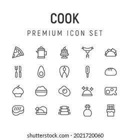 Premium pack of cook line icons. Stroke pictograms or objects perfect for web, apps and UI. Set of 20 cook outline signs. 