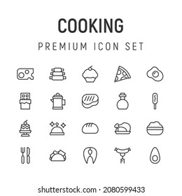 Premium pack of cooking line icons. Stroke pictograms or objects perfect for web, apps and UI. Set of 20 cooking outline signs.