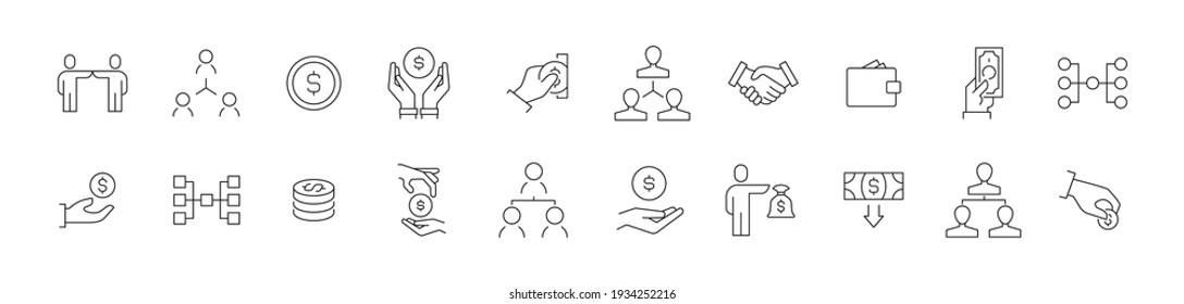 Premium pack of crowdfunding line icons. Stroke pictograms or objects perfect for web, apps and UI. Set of 20 crowdfunding outline signs. 