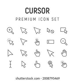 Paquete premium de iconos de línea de cursor. Pictogramas de ataque u objetos perfectos para web, aplicaciones e interfaz de usuario. Conjunto de 20 signos de contorno del cursor. 