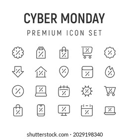 Premium pack of cyber monday line icons. Stroke pictograms or objects perfect for web, apps and UI. Set of 20 cyber monday outline signs. 