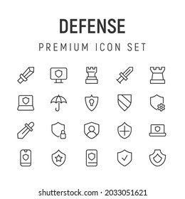 Paquete premium de iconos de línea de defensa. Pictogramas de ataque u objetos perfectos para web, aplicaciones e interfaz de usuario. Conjunto de 20 signos de contorno de defensa. 