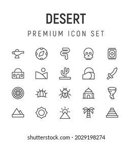 Premium pack of desert line icons. Stroke pictograms or objects perfect for web, apps and UI. Set of 20 desert outline signs. 