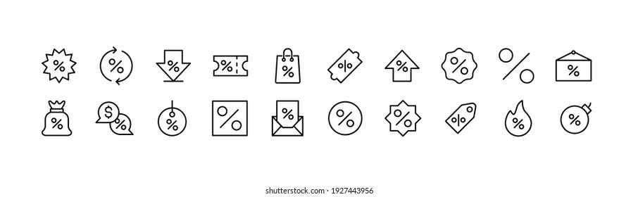Premium pack of discount line icons. Stroke pictograms or objects perfect for web, apps and UI. Set of 20 sale outline signs. 