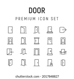 Paquete premium de iconos de la línea de puerta. Pictogramas de ataque u objetos perfectos para web, aplicaciones e interfaz de usuario. Conjunto de 20 señales de contorno de puertas.