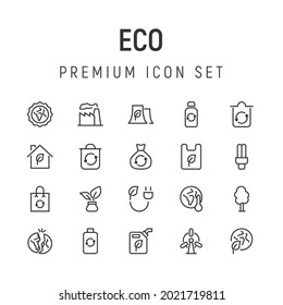 Premium pack of eco line icons. Stroke pictograms or objects perfect for web, apps and UI. Set of 20 eco outline signs. 