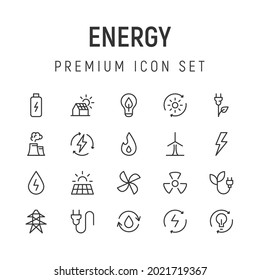 Premium pack of energy line icons. Stroke pictograms or objects perfect for web, apps and UI. Set of 20 energy outline signs. 