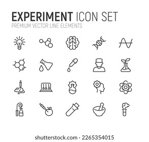 Premium pack of experiment line icons. Stroke pictograms or objects perfect for web, apps and UI. Set of 20 experiment outline signs.
