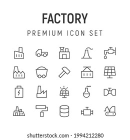 Premium pack of factory line icons. Stroke pictograms or objects perfect for web, apps and UI. Set of 20 factory outline signs. 